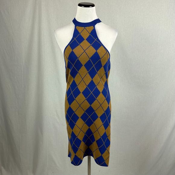 NEW UO Urban outfitters argyle knit sweater dress blue tan halter size S - Picture 6 of 7